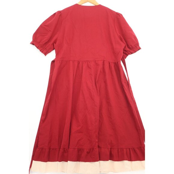 Vintage-Style Lolita Dress With Bow Collar & Ruffled Trim Red & Cream Cotton - Picture 2 of 9